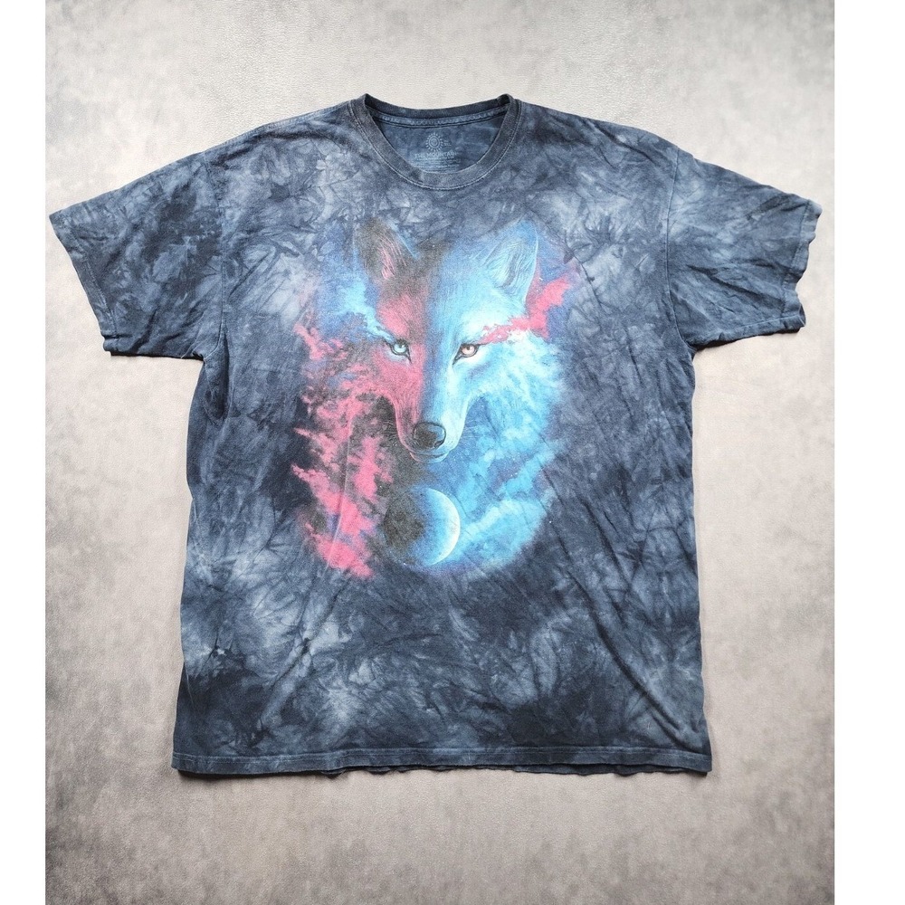 The Mountain Graphic T-Shirt Mens 3XL Blue Grey Excellent Wolf Celestial Tie Dye